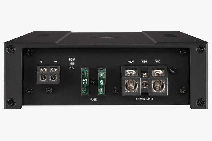 close up of the side panel of a Helix M One mono car subwoofer amplifier showing its power and ground inputs, and speaker outputs