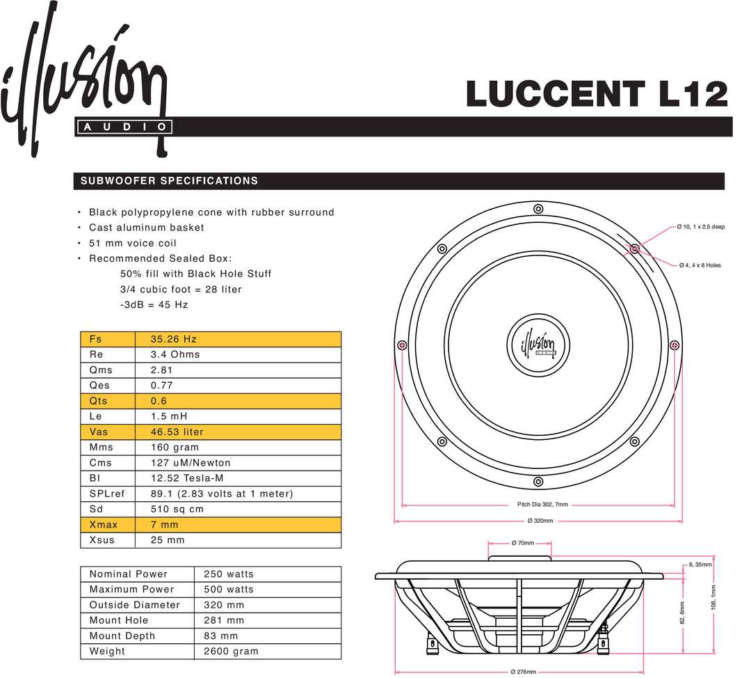 Illusion Audio Luccent L12 specification sheet