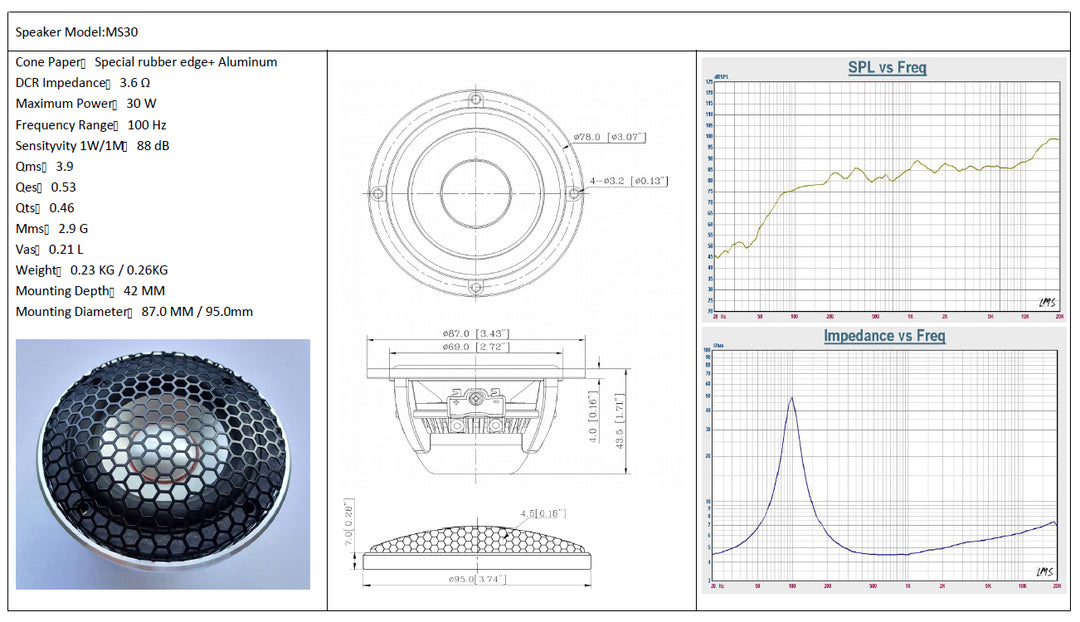 Steg MS30 3" wideband speaker technical specification sheet