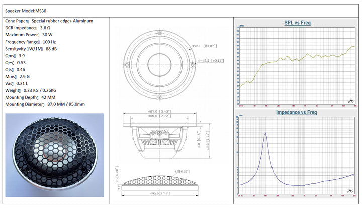 Steg MS30 3" wideband speaker technical specification sheet