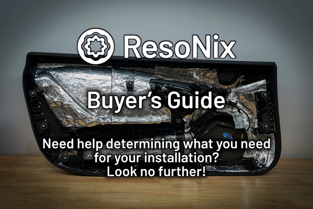 Car door covered in automotive sound deadening material with text describing what to use.