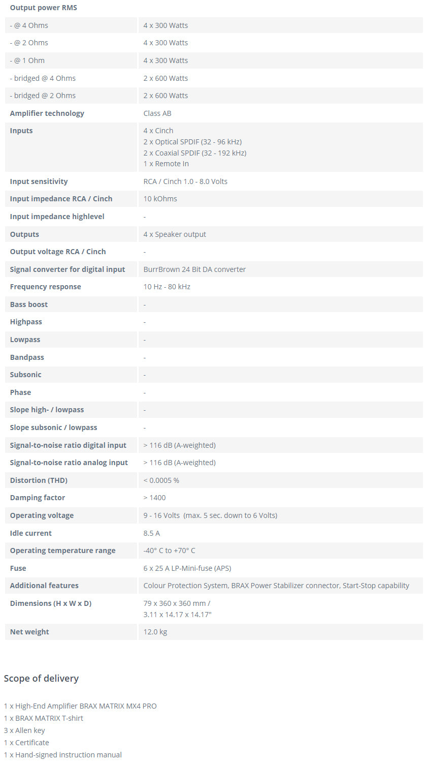 Audiotec Fischer Brax MX4 Pro 4-Channel Amplifier Specification Sheet