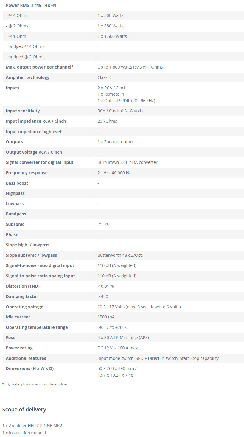 Audiotec Fischer P One Mk2 Specification Sheet