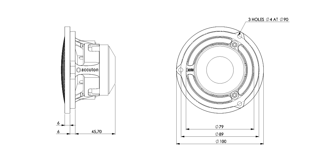 mechanical drawing of the Accuton Automotive C100AM 3.5" midrange speaker