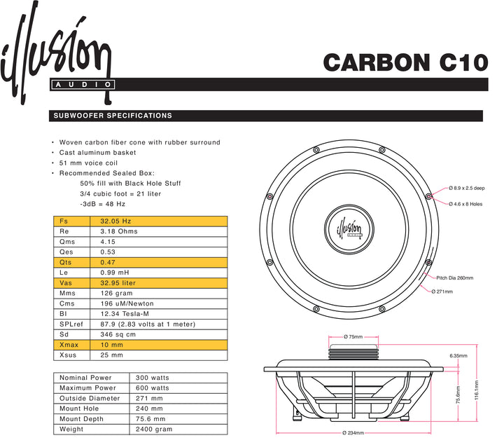 Illusion Audio Carbon C10 10" Shallow Subwoofer
