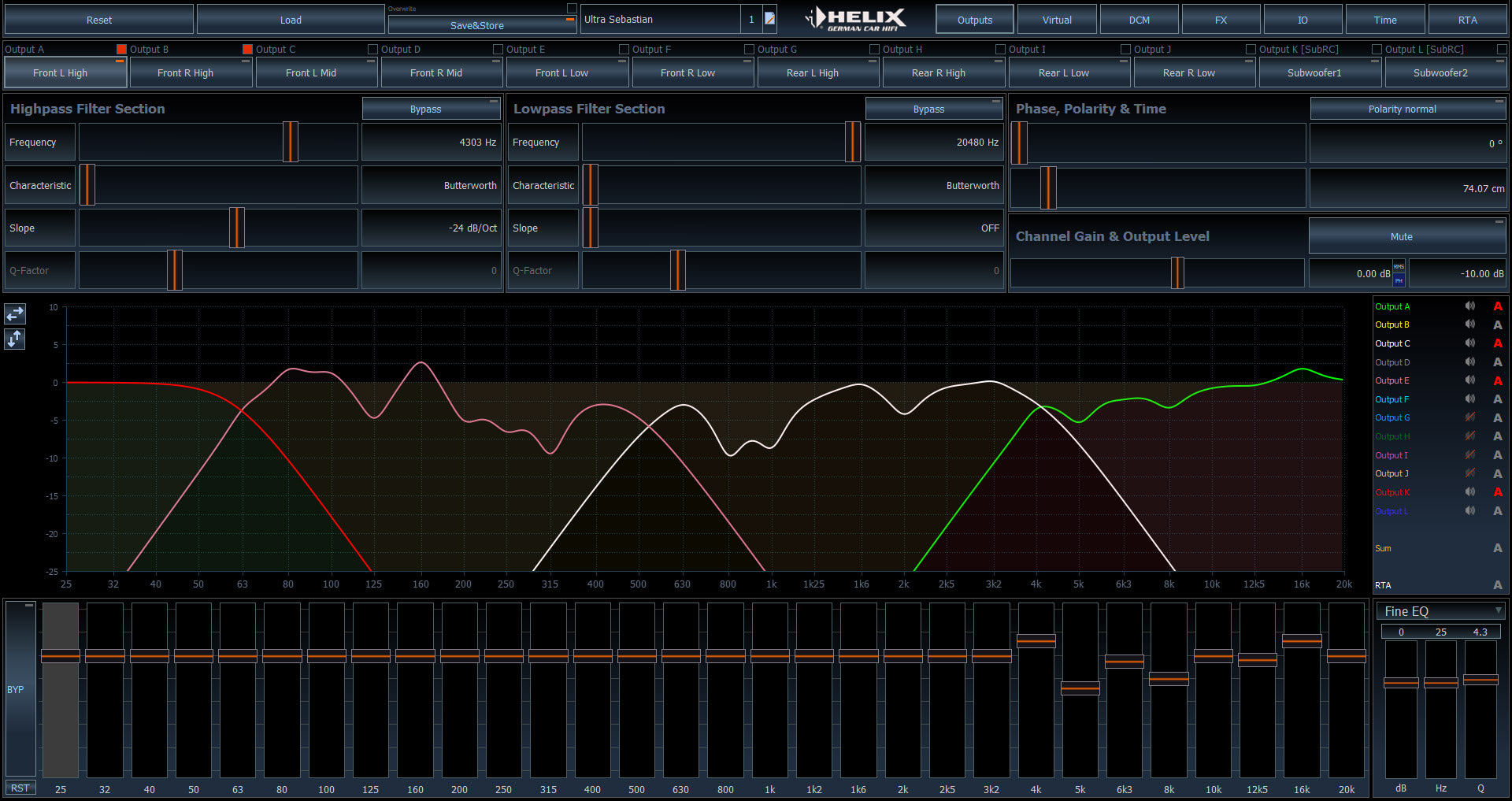 Helix software interface with various controls and graphs on a dark background