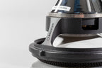 Close-up of an Accuton Automotive speaker cone, magnet, and the basket with the Accuton Automotive logo