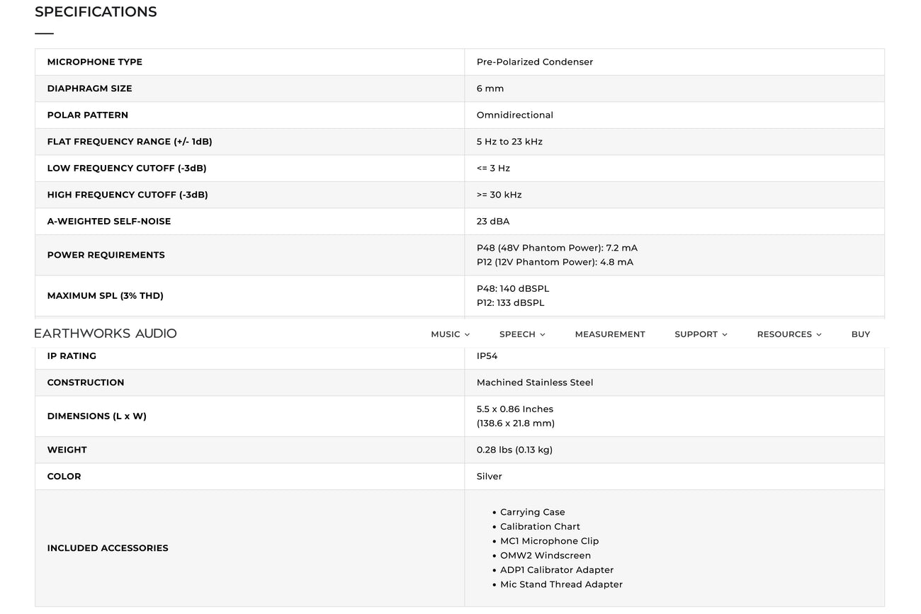 Earthworks Audio M23 G2 audio measurement microphone technical specification sheet