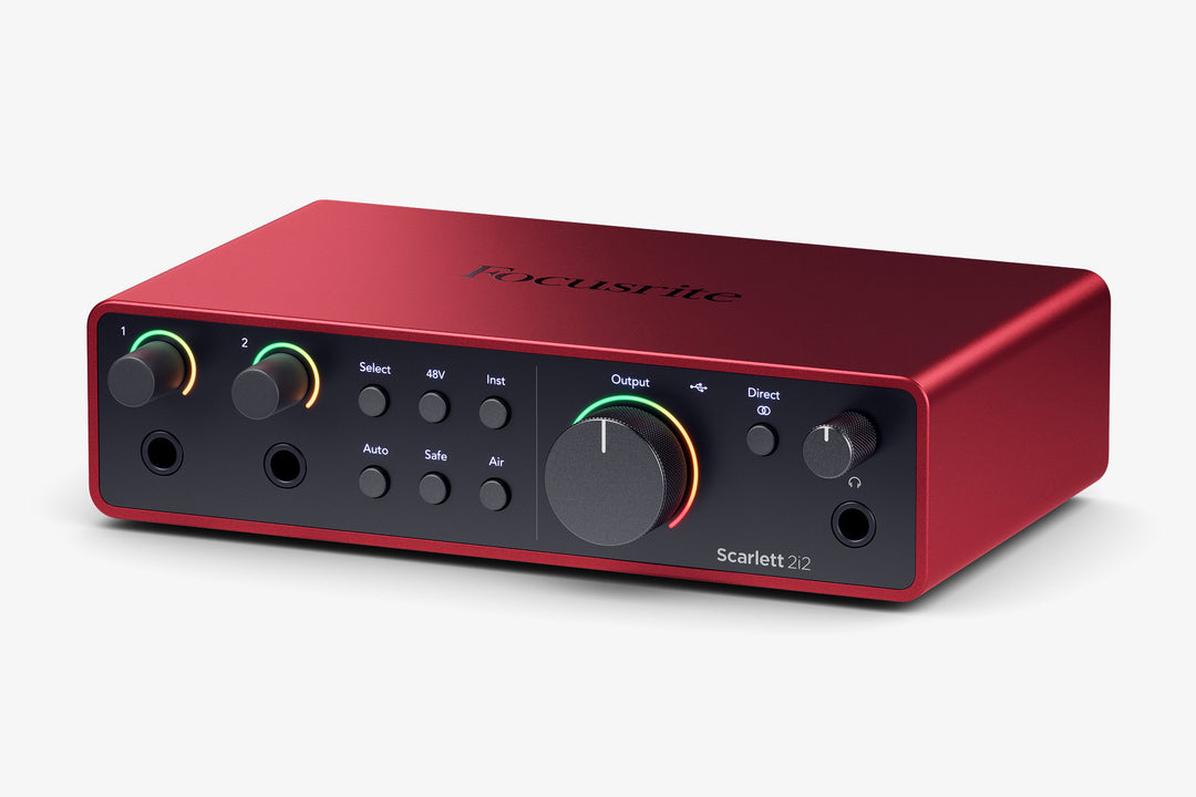 Focusrite Scarlet 2i2 microphone and audio interface front angled