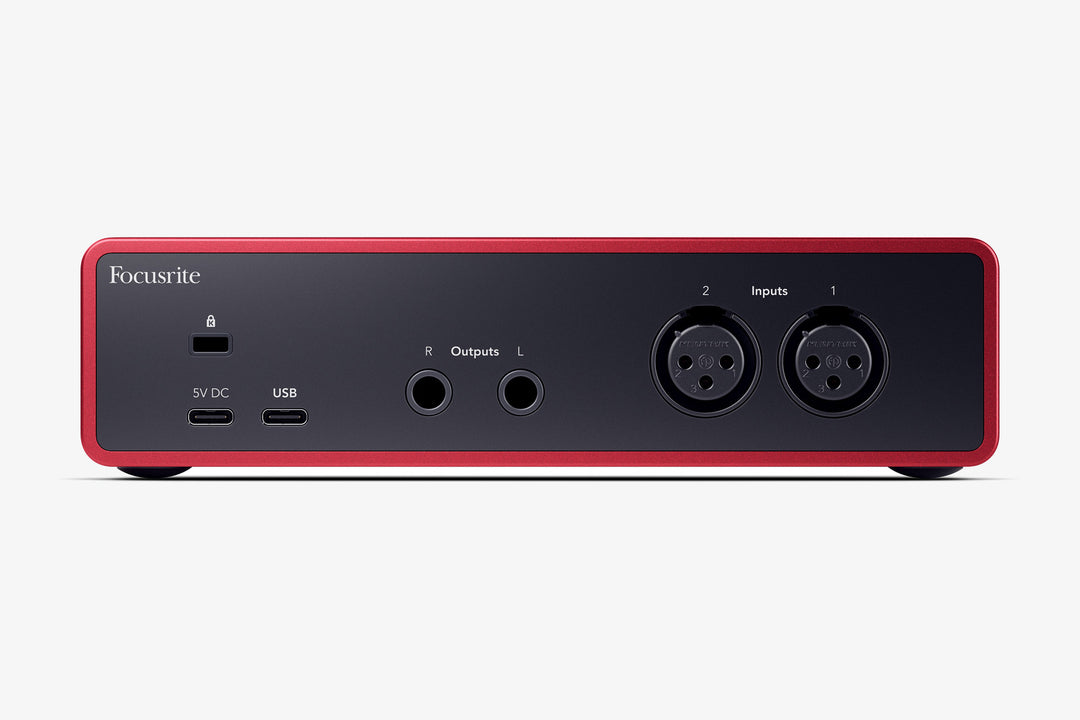 Focusrite Scarlet 2i2 microphone and audio interface rear inputs and outputs
