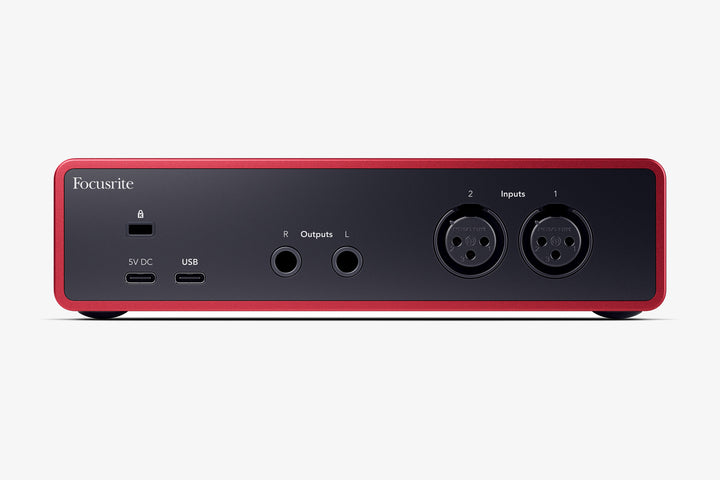 Focusrite Scarlet 2i2 microphone and audio interface rear inputs and outputs