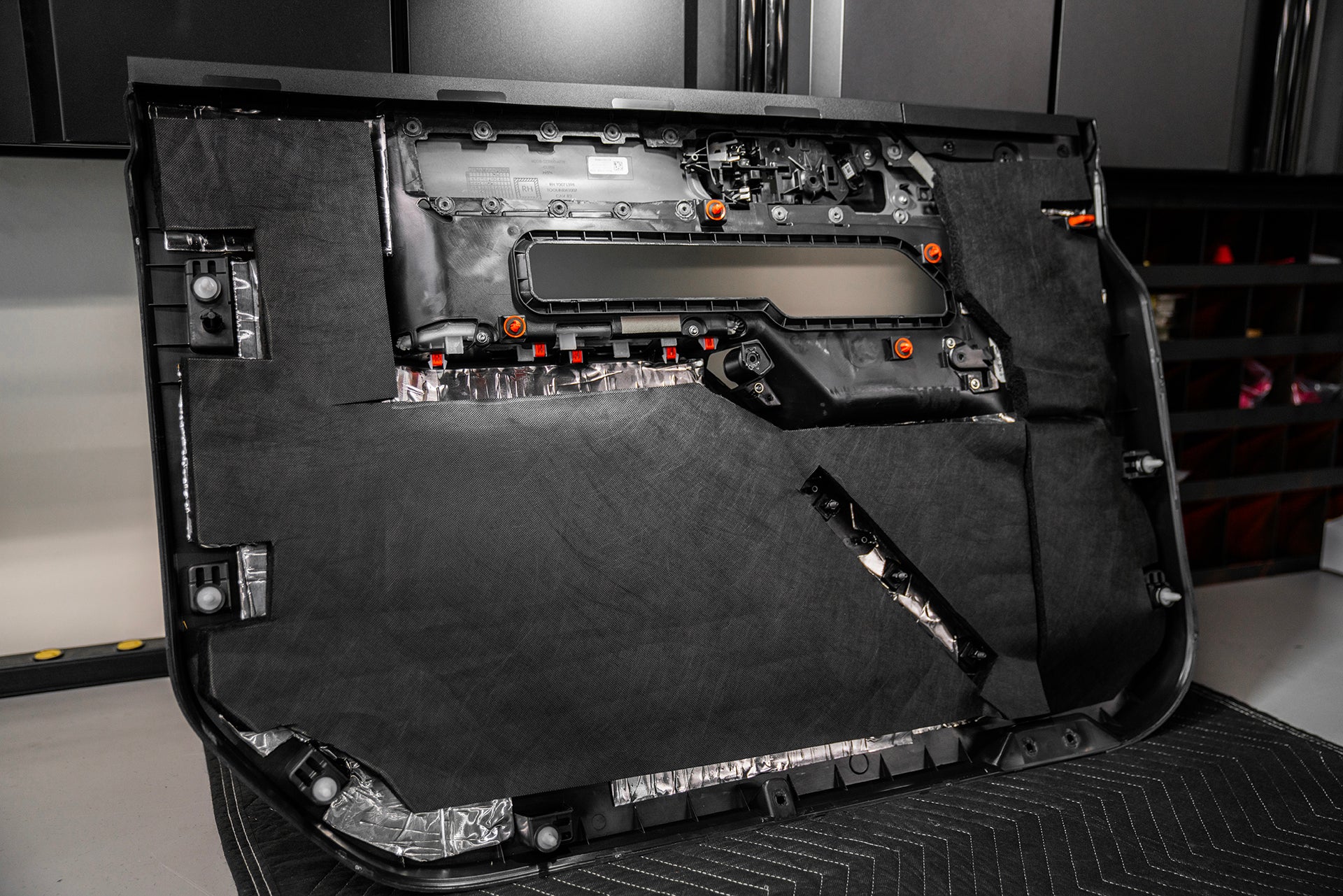 Ford Bronco door panel sound deadened with ResoNix CLD Squares and Fiber Mat sound absorber