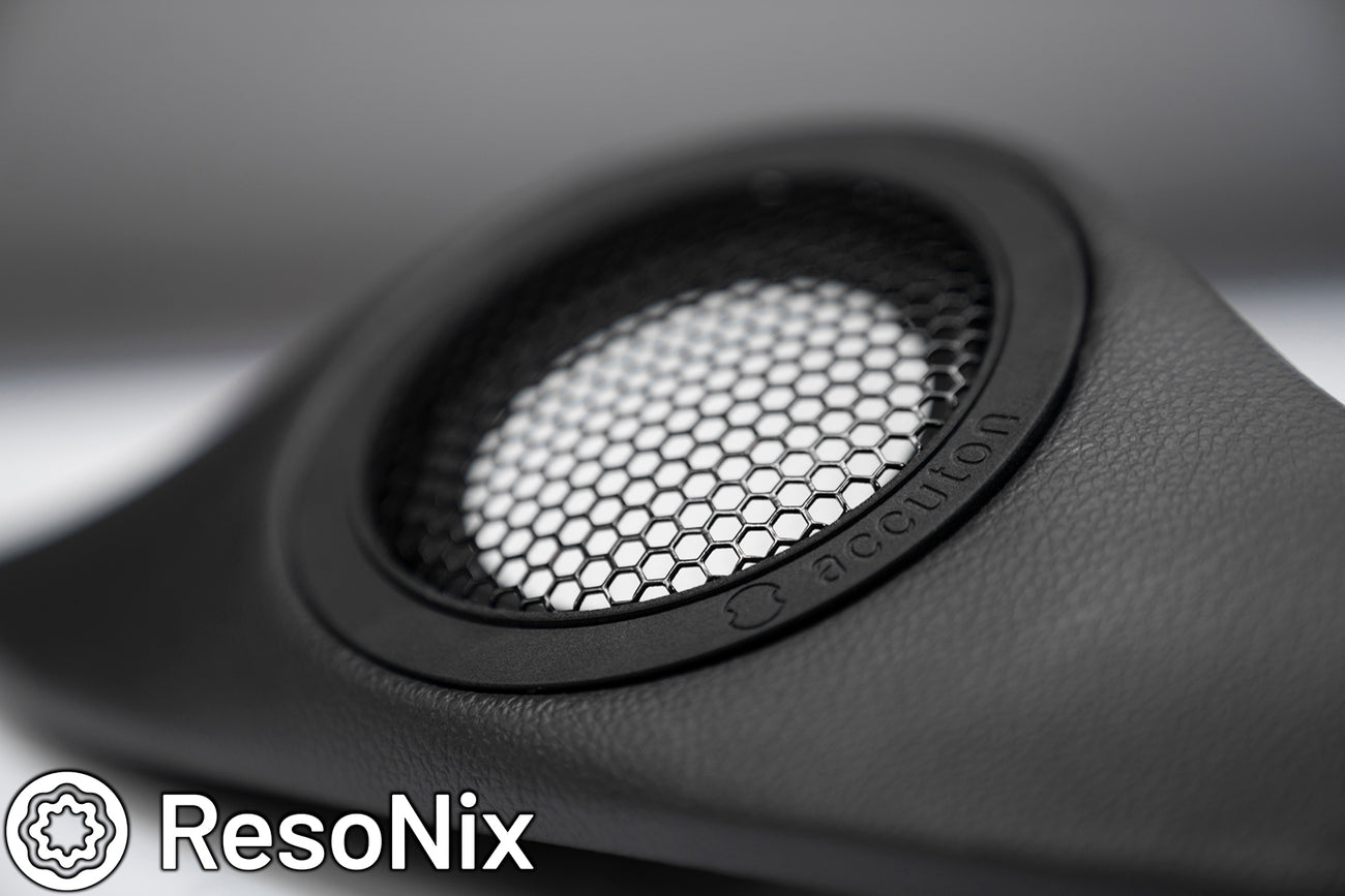 close up of Accuton Automotive C100AM 3.5" midrange speakers installed into a custom dash pod
