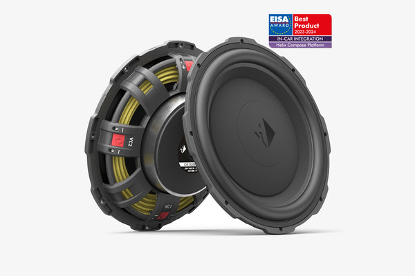 A pair of Helix Ci5-S200FM D2 8 inch shallow midbass speakers against a white background