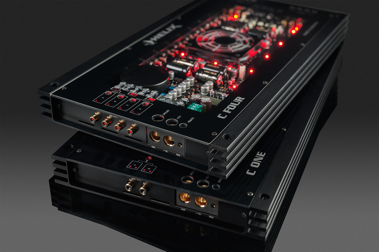 pair of Helix C Four 4-channel amplifiers