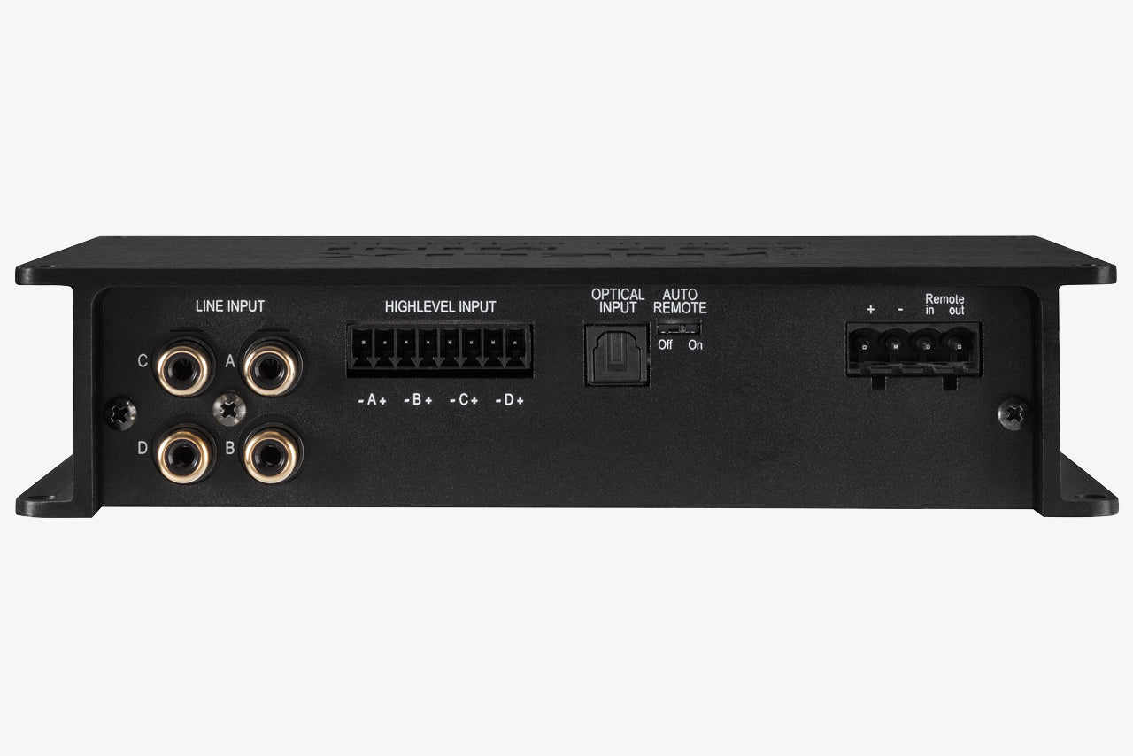Close up of the side panel of a Helix DSP Mini Mk2 6-channel car audio DSP showing its RCA, high level, optical, and power inputs