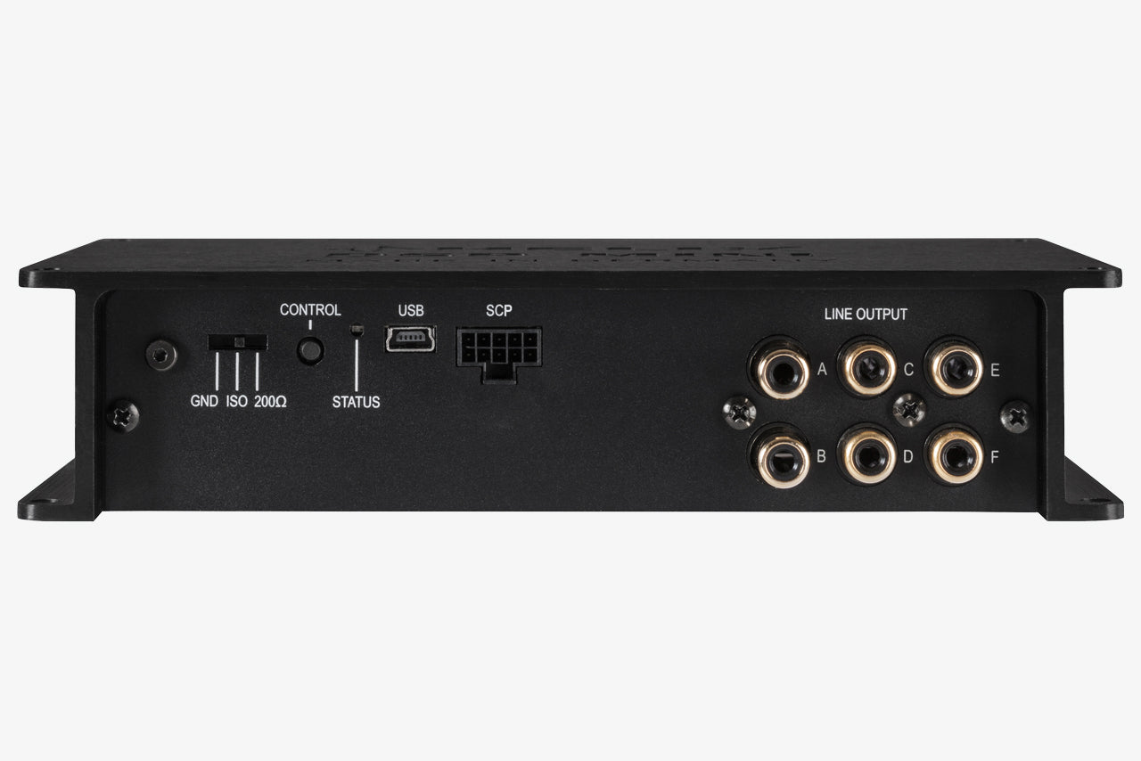 close up of the side panel of the Helix DSP Mini Mk2 showing its RCA outputs