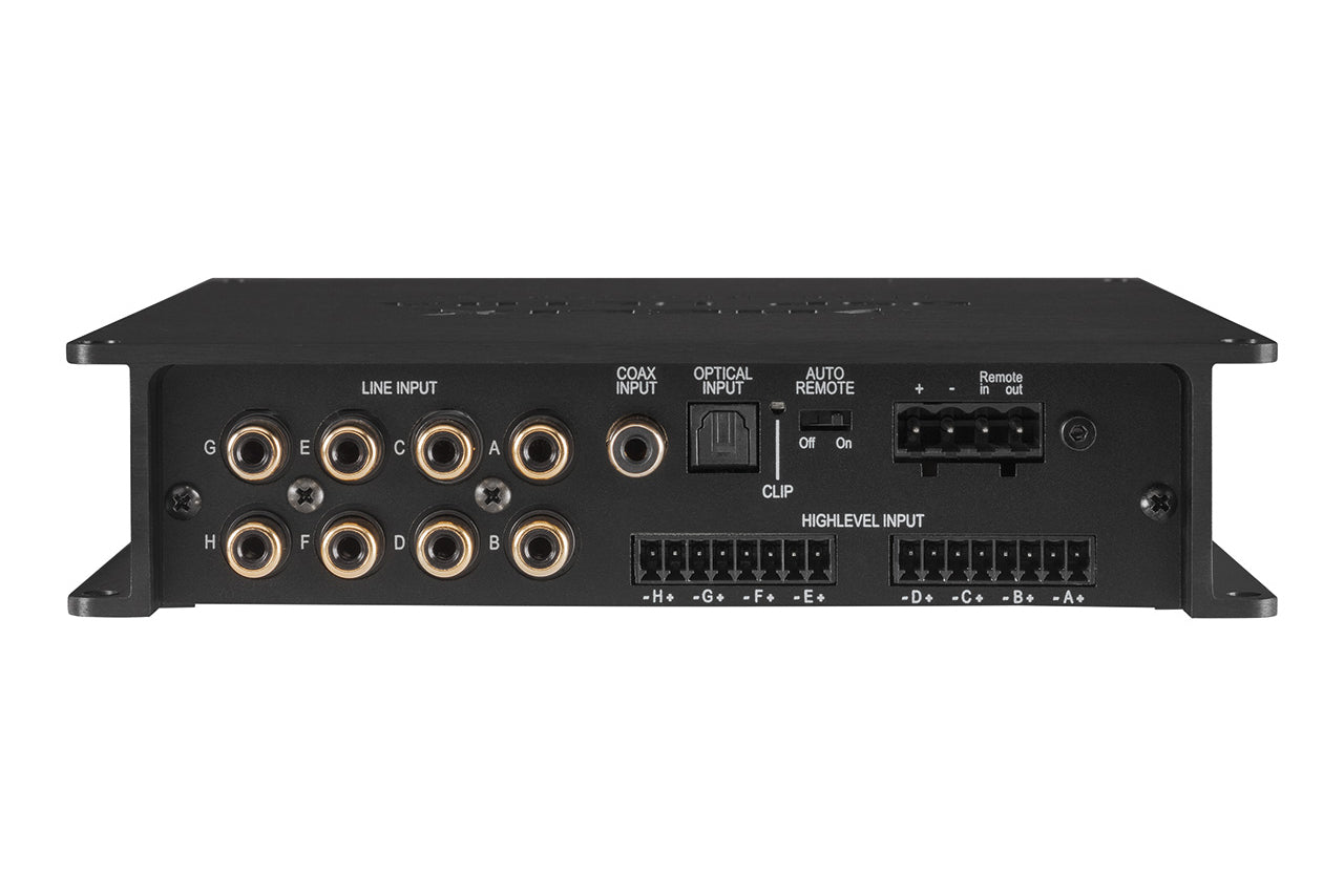 close up of the side panel showing the inputs of a Helix DSP Ultra S 12-channel car audio DSP