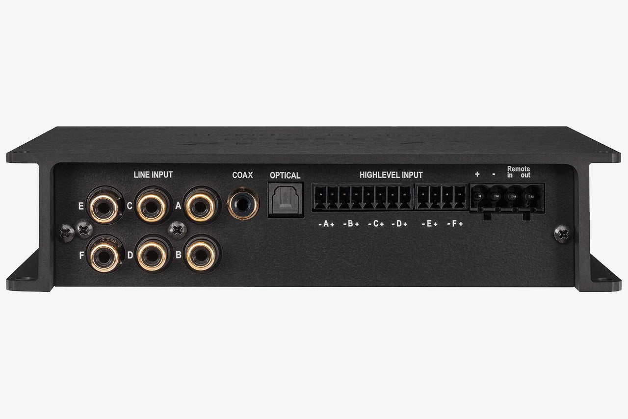 close up of the side panel showing the inputs of a Helix DSP.3S 8-channel car audio DSP