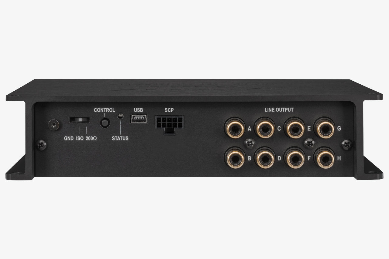 close up of the side panel showing the outputs of a Helix DSP.3S 8-channel car audio DSP