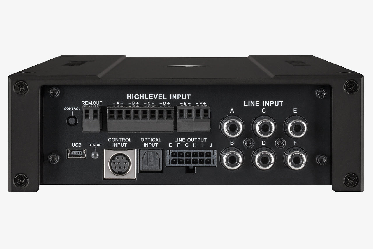 close up of the side panel showing the inputs of a Helix M Four 4-channel amplifier with 10-channel DSP