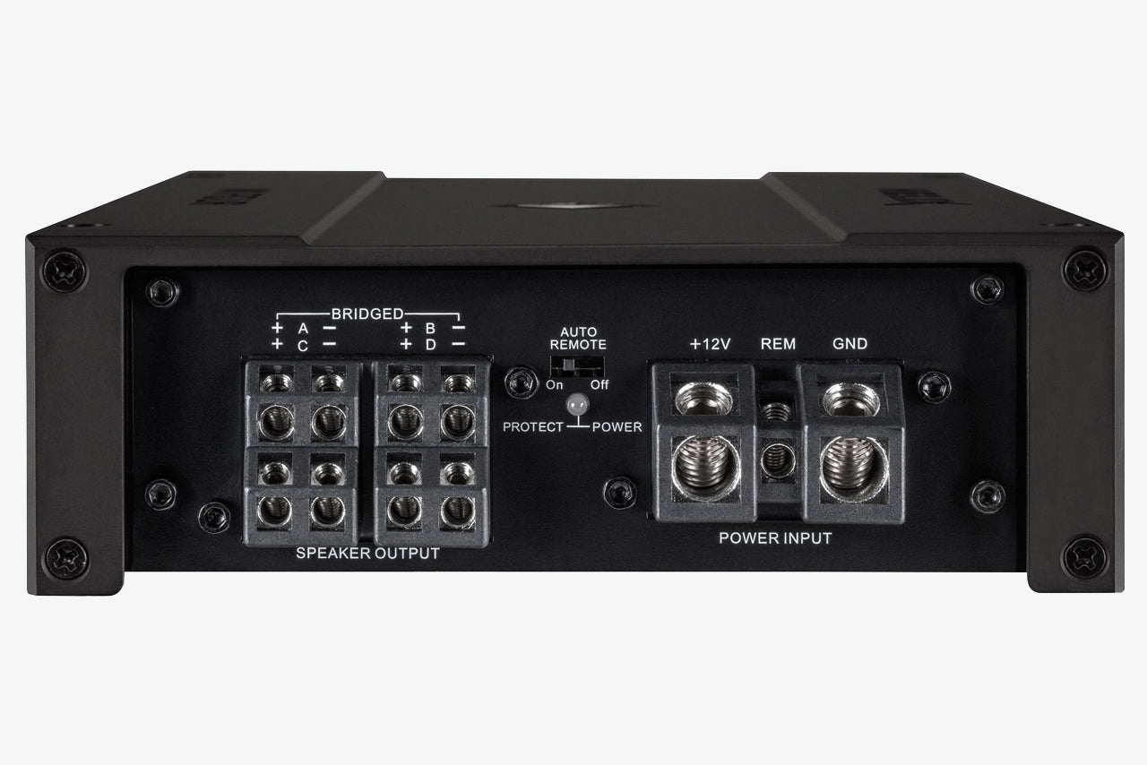 close up of the side panel showing the outputs and power terminals of a Helix M Four 4-channel amplifier with 10-channel DSP