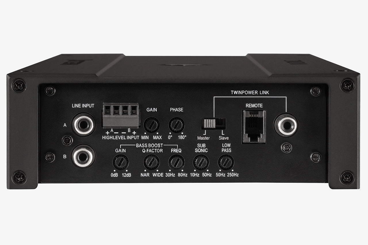 close up of the side panel of a Helix M One X mono car subwoofer amplifier showing its rca inputs and preamp options