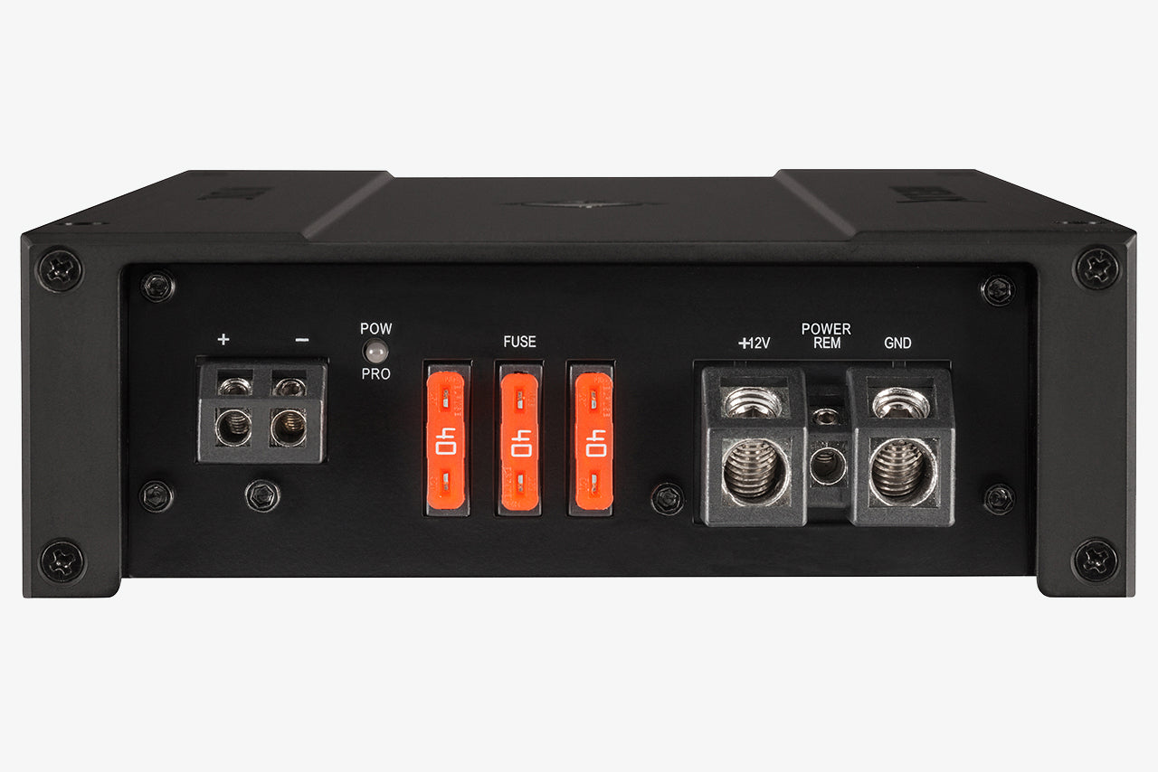 close up of the side panel of a Helix M One X mono amplifier showing its power and ground inputs, and speaker outputs