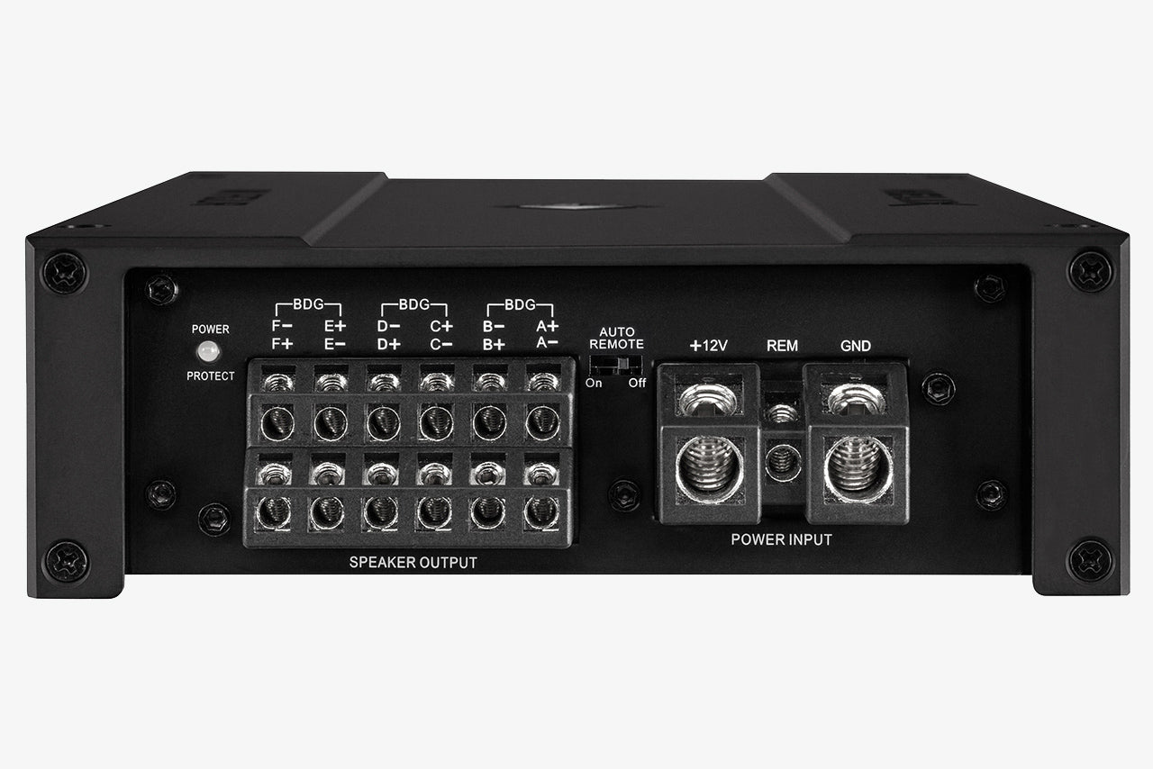 close up of the side panel showing the outputs and power terminals of a Helix M Six 6-channel car audio amplifier with 10-channel DSP