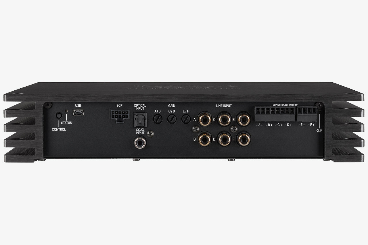 inputs side panel on a Helix P Six DSP Ultimate 6 channel car audio amplifier and 12 channel DSP