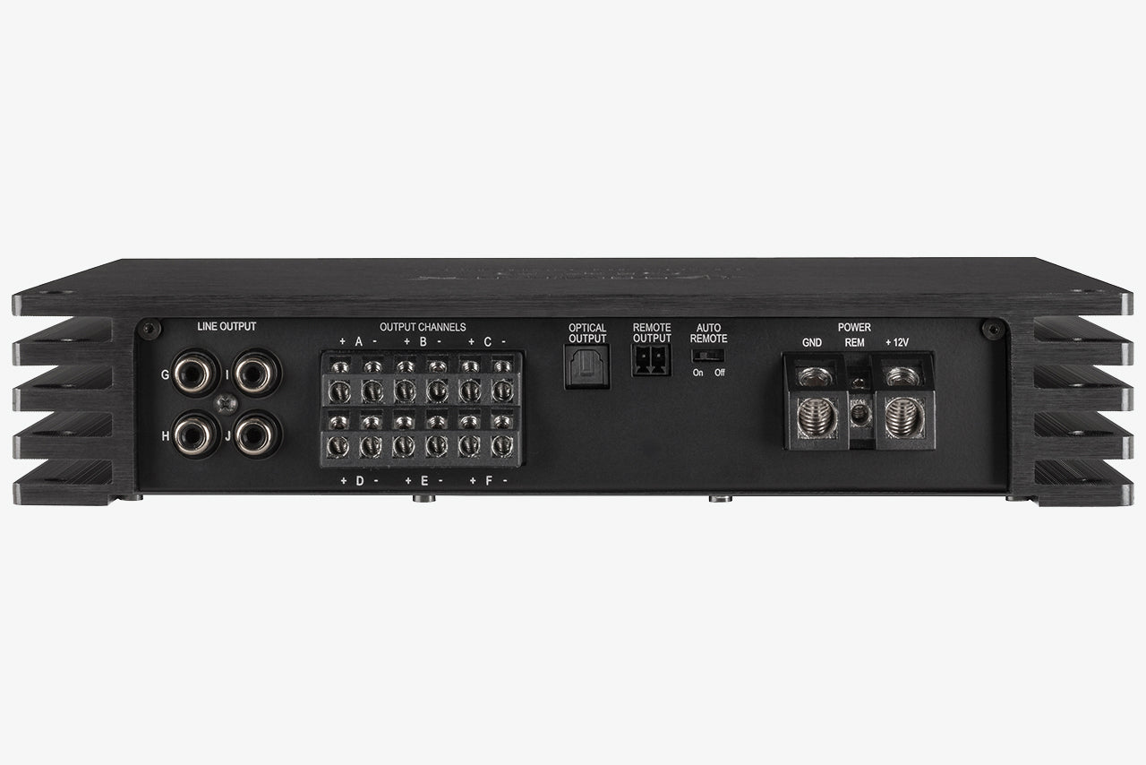 power terminals and outputs side panel on a Helix P Six DSP Ultimate 6 channel car audio amplifier and 12 channel DSP