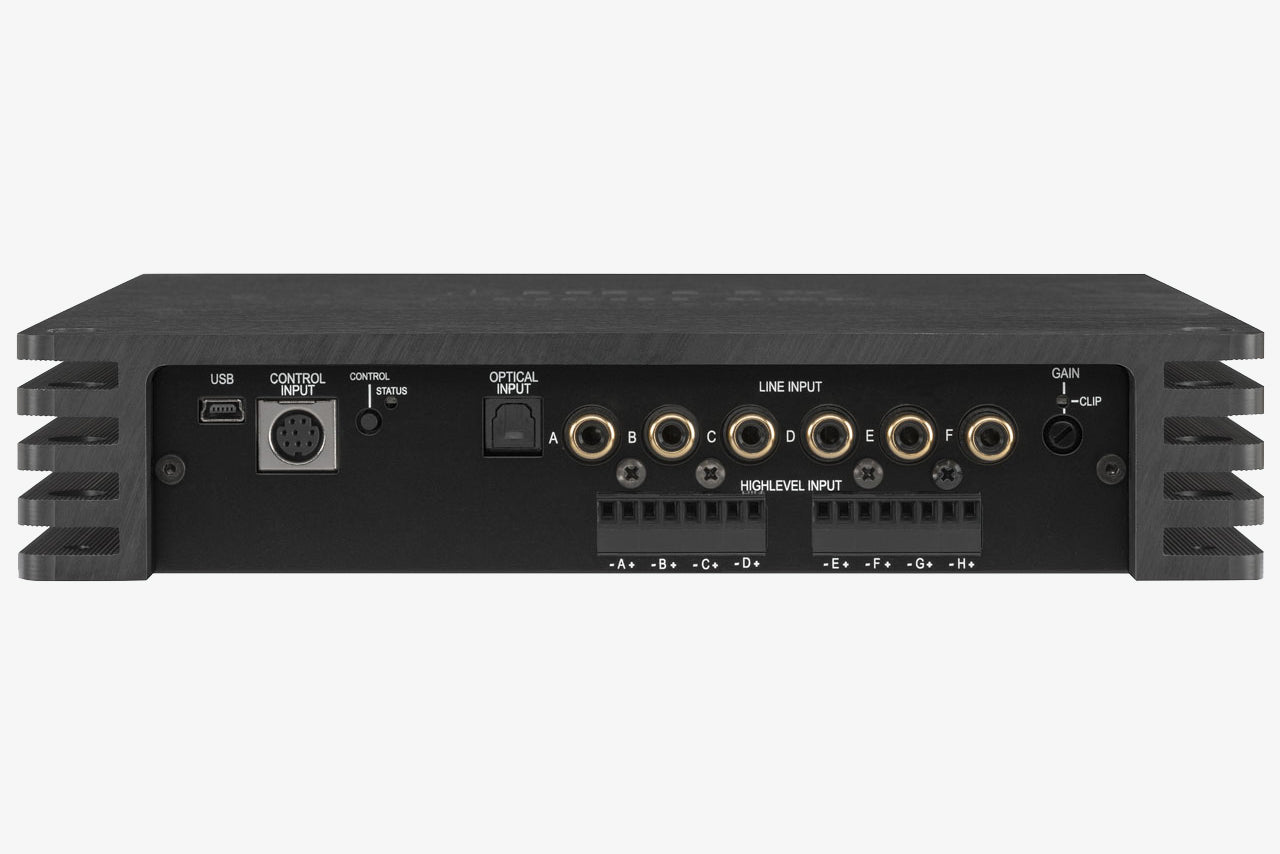 input section side panel of a Helix V Eight DSP Mk2 10 channel car audio DSP 8 channel amplifier