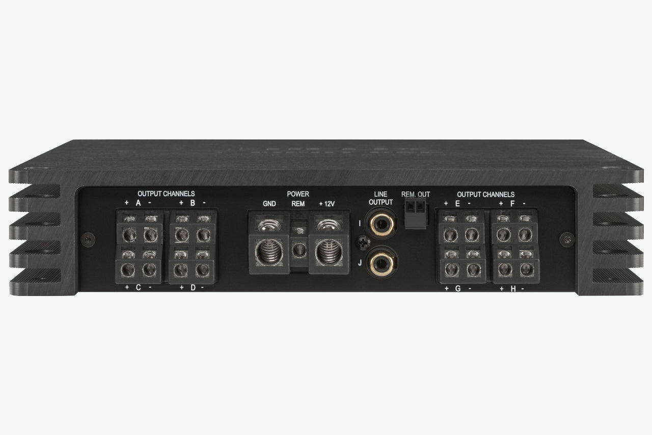 output section of a Helix V Eight DSP Mk2 10 channel car audio DSP 8 channel amplifier 