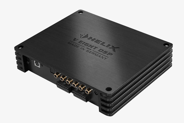 A Helix V Eight DSP Mk2 10 channel car audio DSP 8 channel amplifier with multiple connection ports on the front panel.