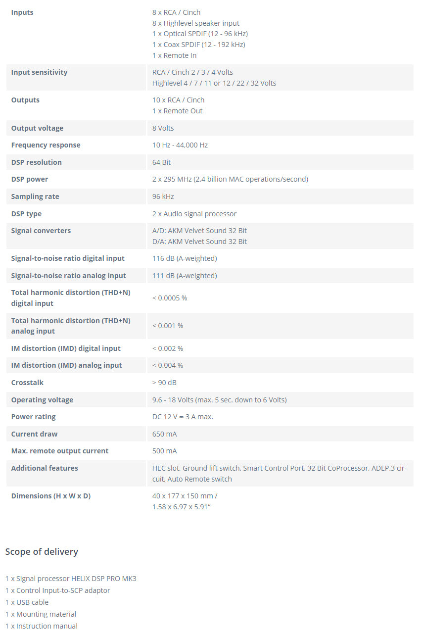 Helix DSP Pro Mk3 Technical Spec Sheet