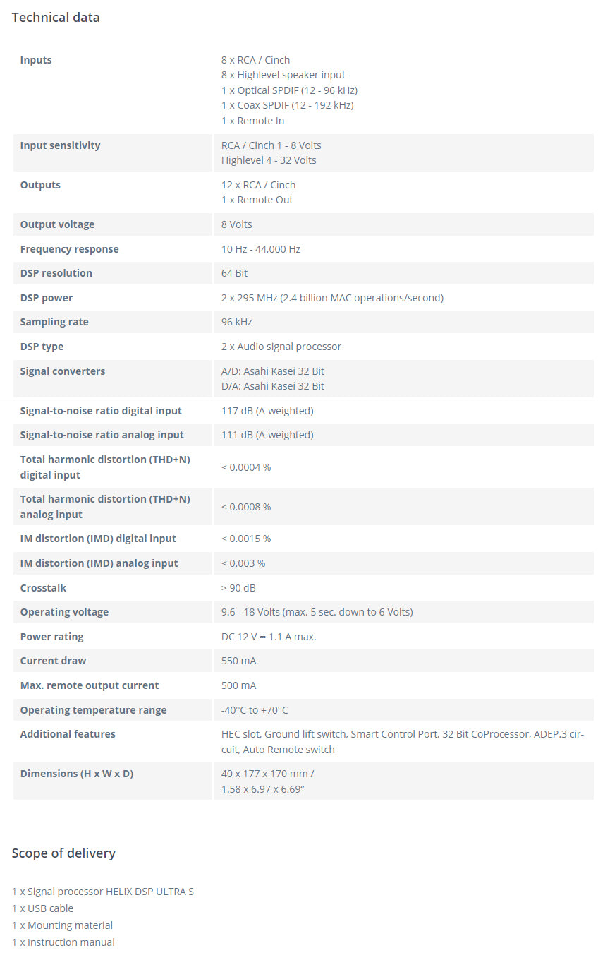 Helix DSP Ultra S Technical Specification Sheet