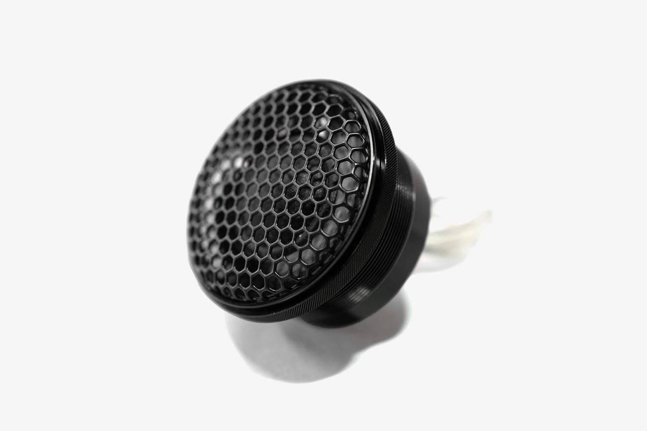 side angle view of the Karma Mobile Audio Allure 1 1" car audio tweeter showing the mounting ring and grille