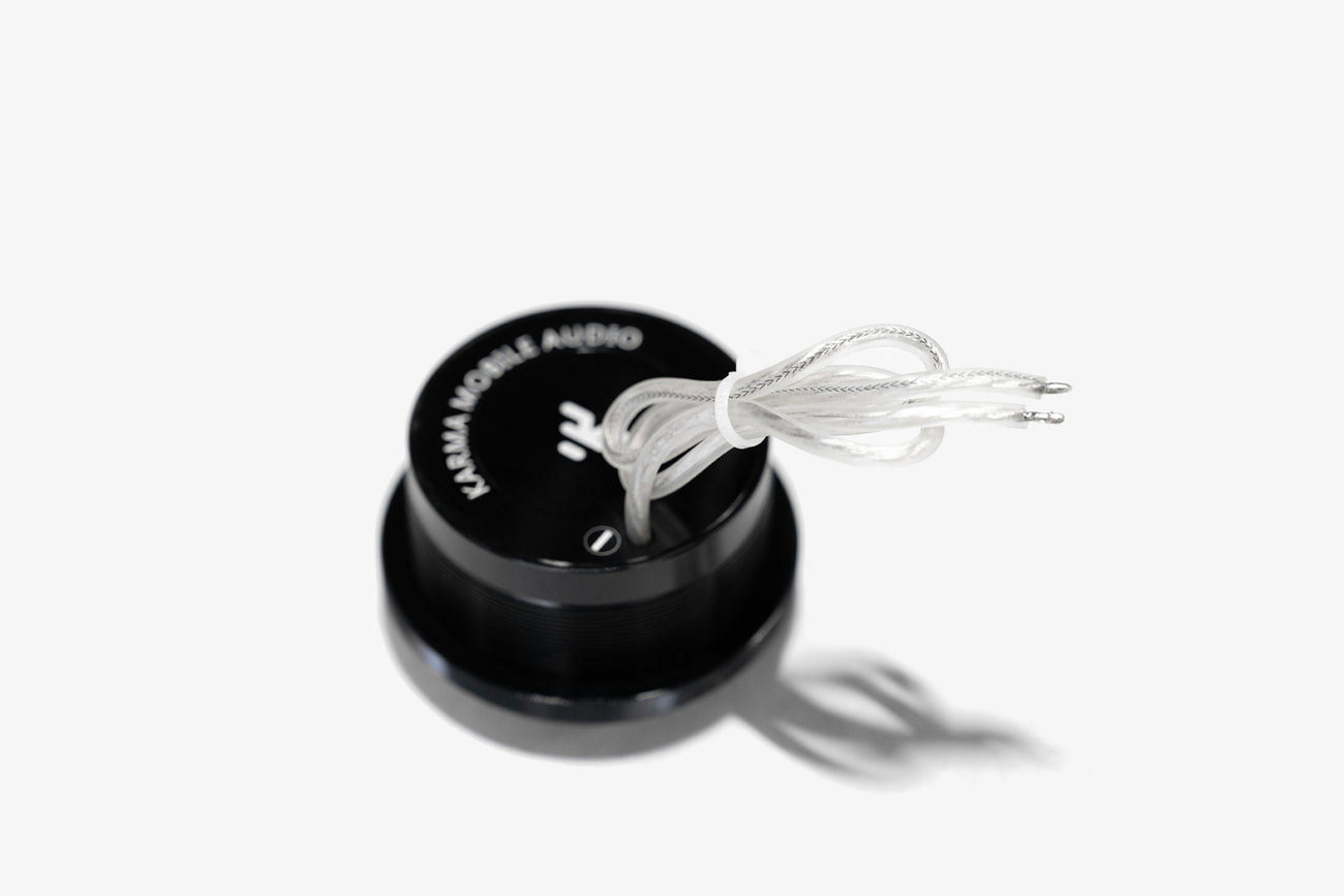 back side of the Karma Mobile Audio Allure 1 1" car audio tweeter showing the wiring