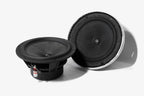 a pair of Karma Mobile Audio Allure 6 6.5" car audio midbass speakers, one of which has the grille installed