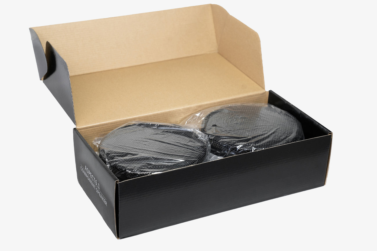 Karma Mobile Audio Aspect 6.1 car audio component speakers in their partially opened box