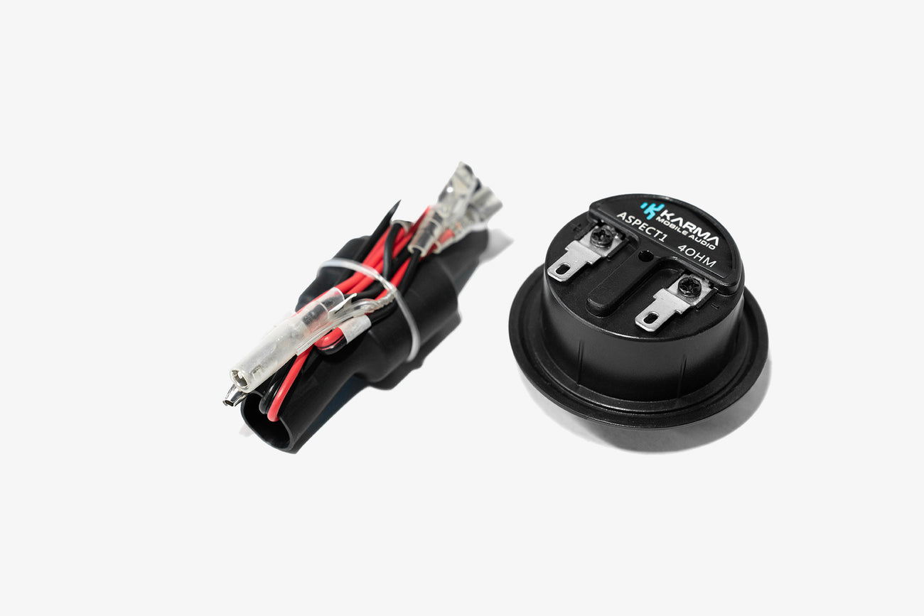 rear side of Karma Mobile Audio Aspect 1 one inch car audio tweeter with its passive crossover