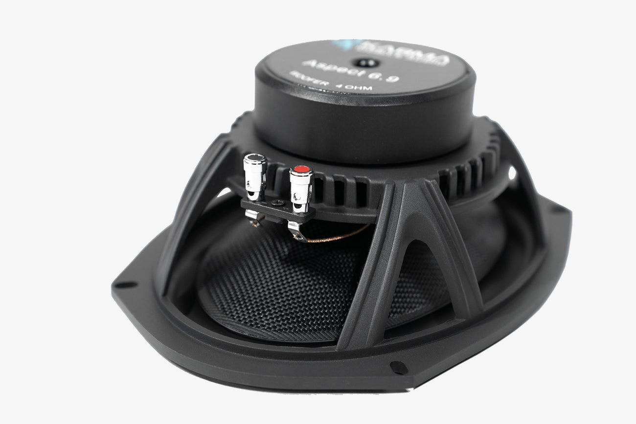 rear side of Karma Mobile Audio Aspect 6.9 6x9 car audio midbass speaker showing its speaker wire terminals