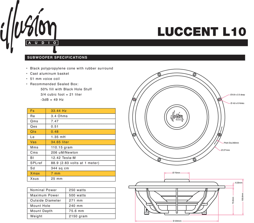 Illusion Audio Luccent L10 10" Shallow Subwoofer