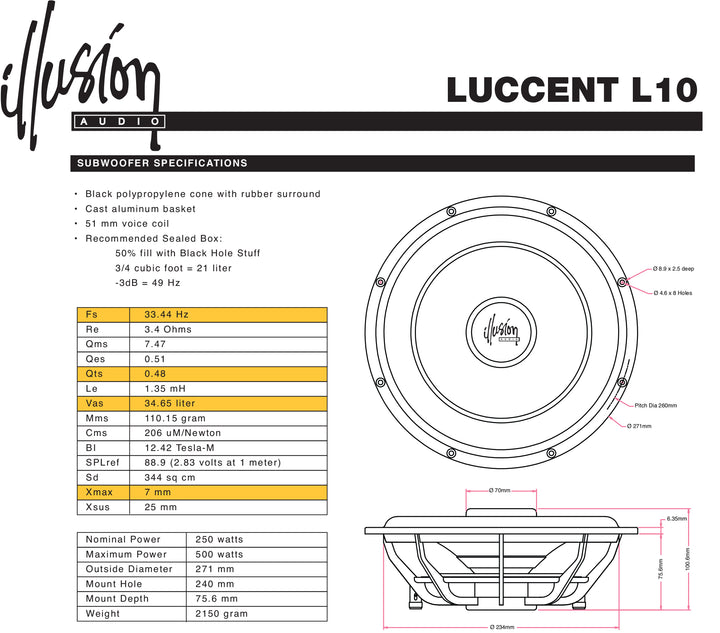 Illusion Audio Luccent L10 10" Shallow Subwoofer
