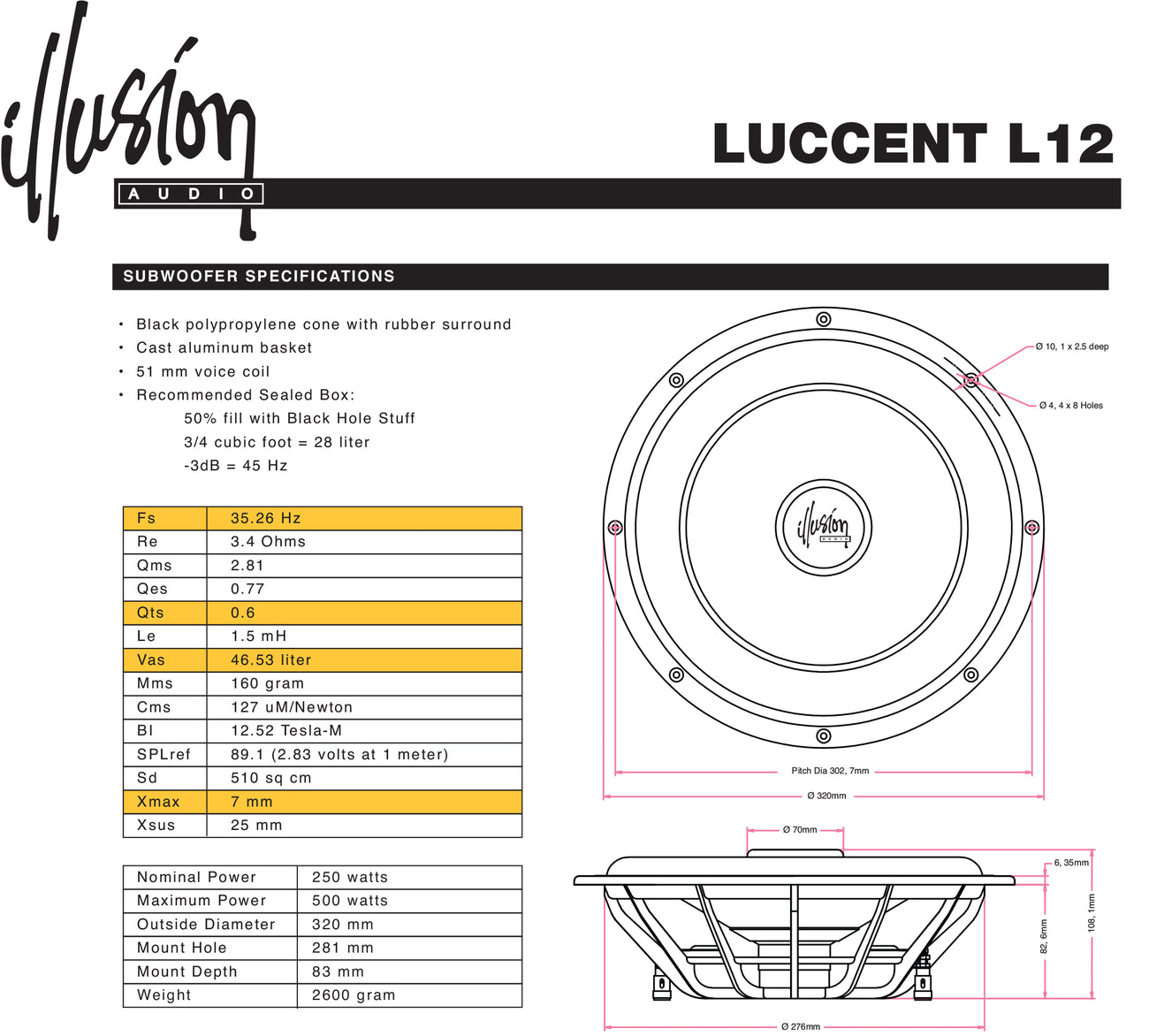 Illusion Audio Luccent L12 specification sheet