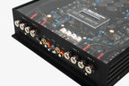 A close up shot of a the inputs and outputs of a Micro Precision Z-Studio 4c 4-channel car audio amplifier 