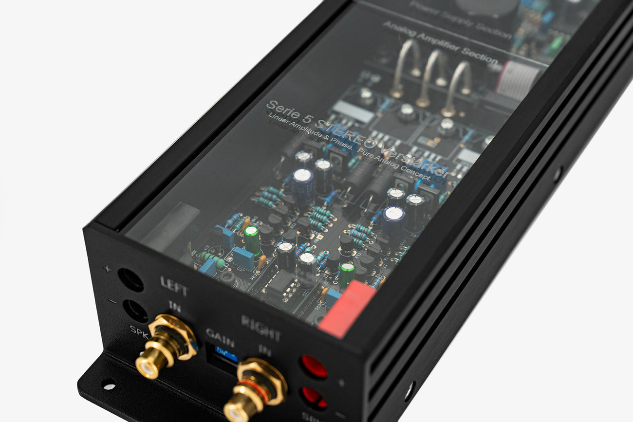 Micro Precision 5-Series two channel high end car audio amplifier with a close up focus on the input side