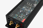 Micro Precision 5-Series two channel high end car audio amplifier with a close up focus on the input side