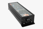 Micro Precision 5-Series two channel high end car audio amplifier with a close up focus on the power and ground terminals on the side panel