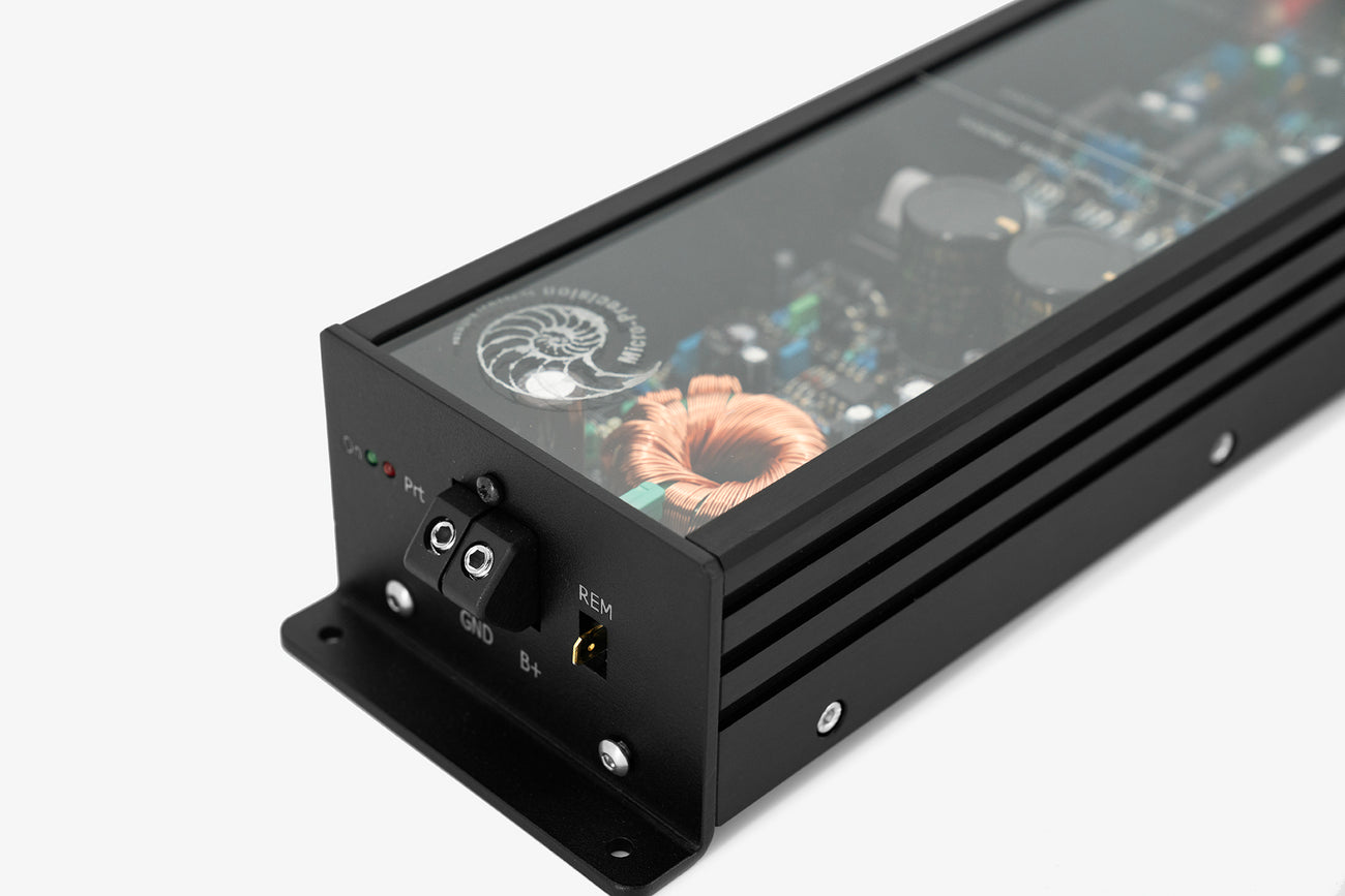 close up of the Micro Precision 5-Series two channel high end car audio amplifiers power and ground terminals side panel